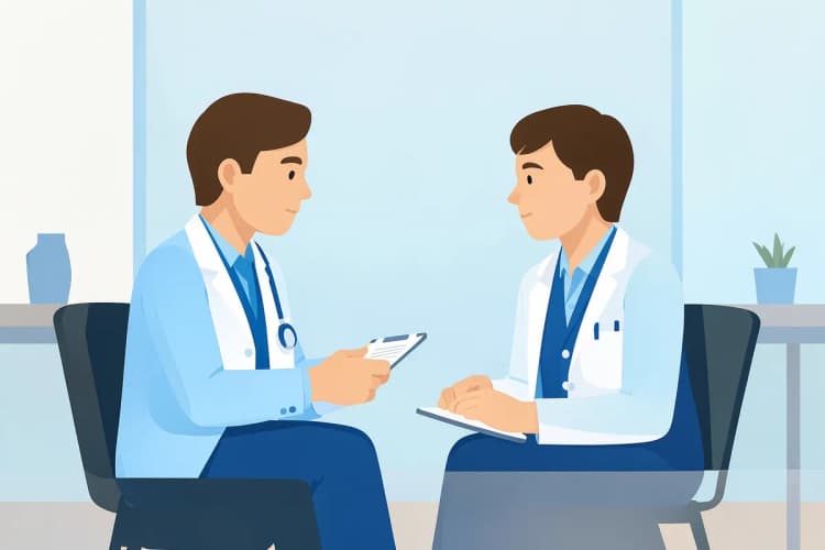 Médico conversando com paciente sobre receita médica.