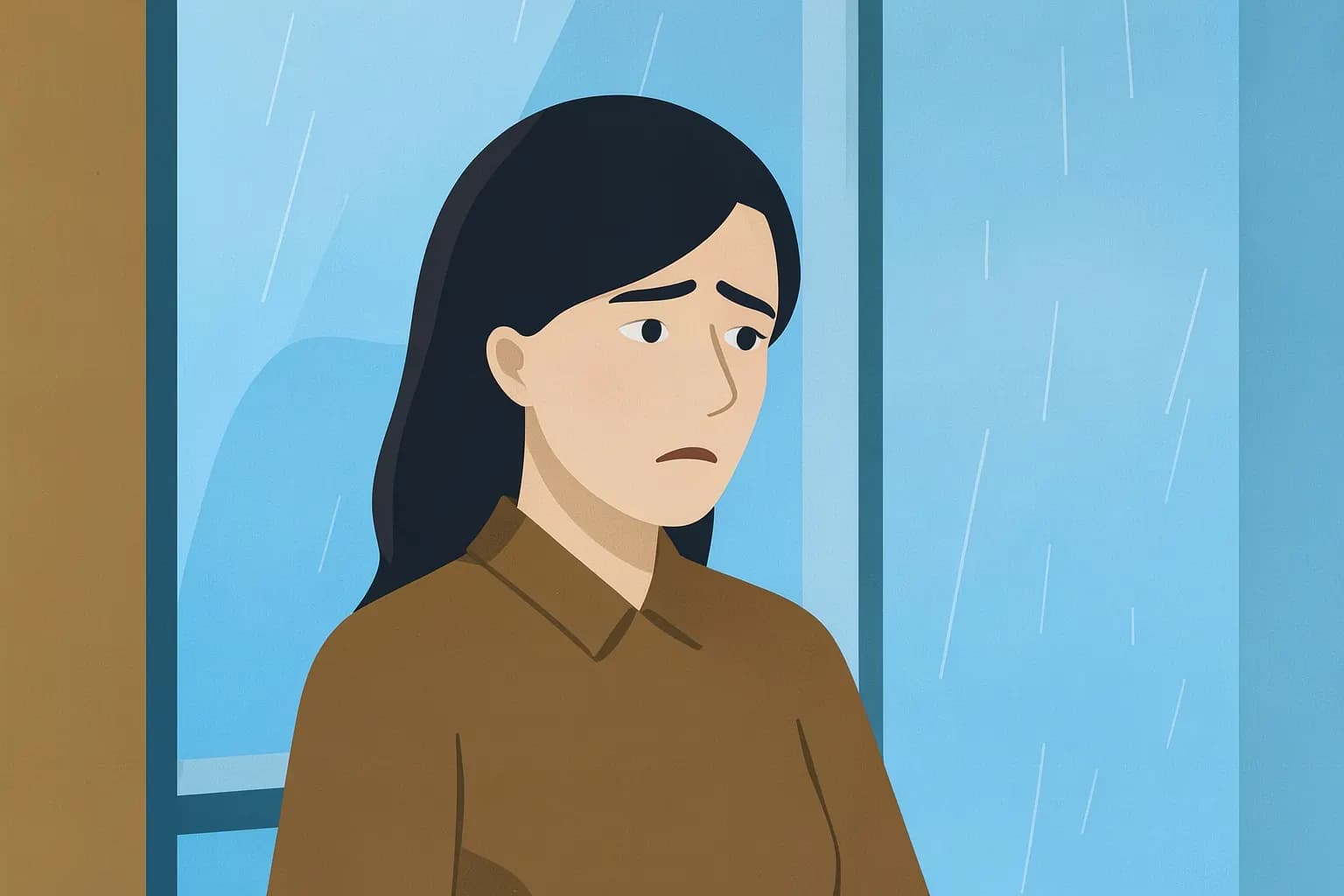 Mulher com expressão triste olhando pela janela em um dia chuvoso