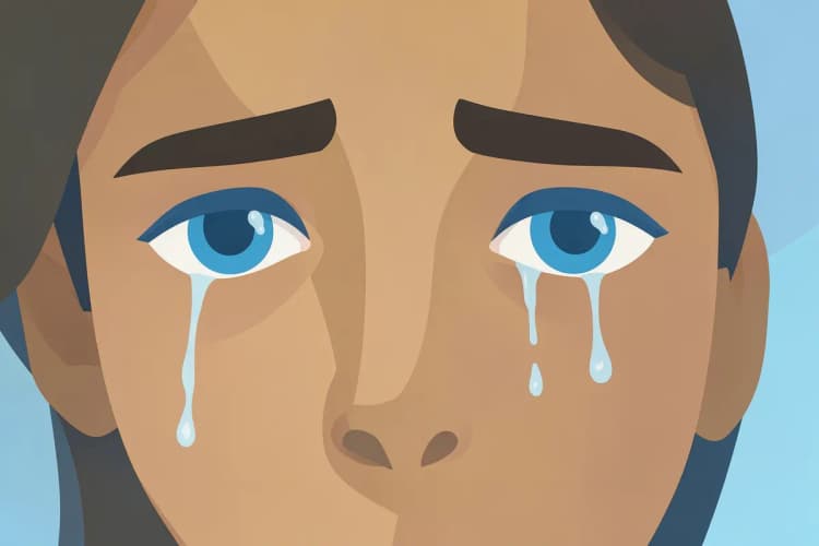 Close-up de uma pessoa com os olhos marejados e semblante de tristeza.