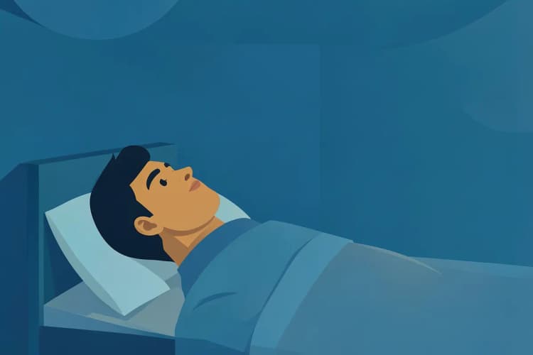 Homem deitado na cama, olhando para o teto com expressão vazia.