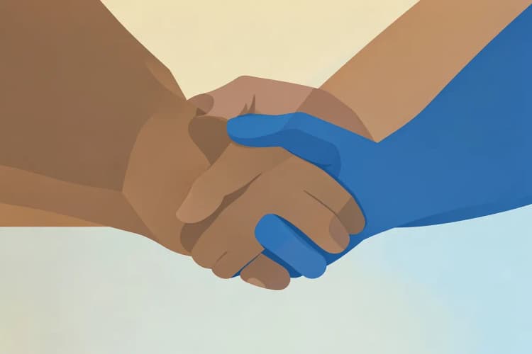 Mãos dadas entre duas pessoas, uma delas com expressão de apoio.