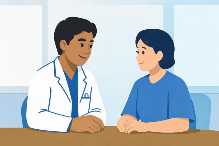 Médico conversando com paciente em um consultório, com um sorriso gentil.