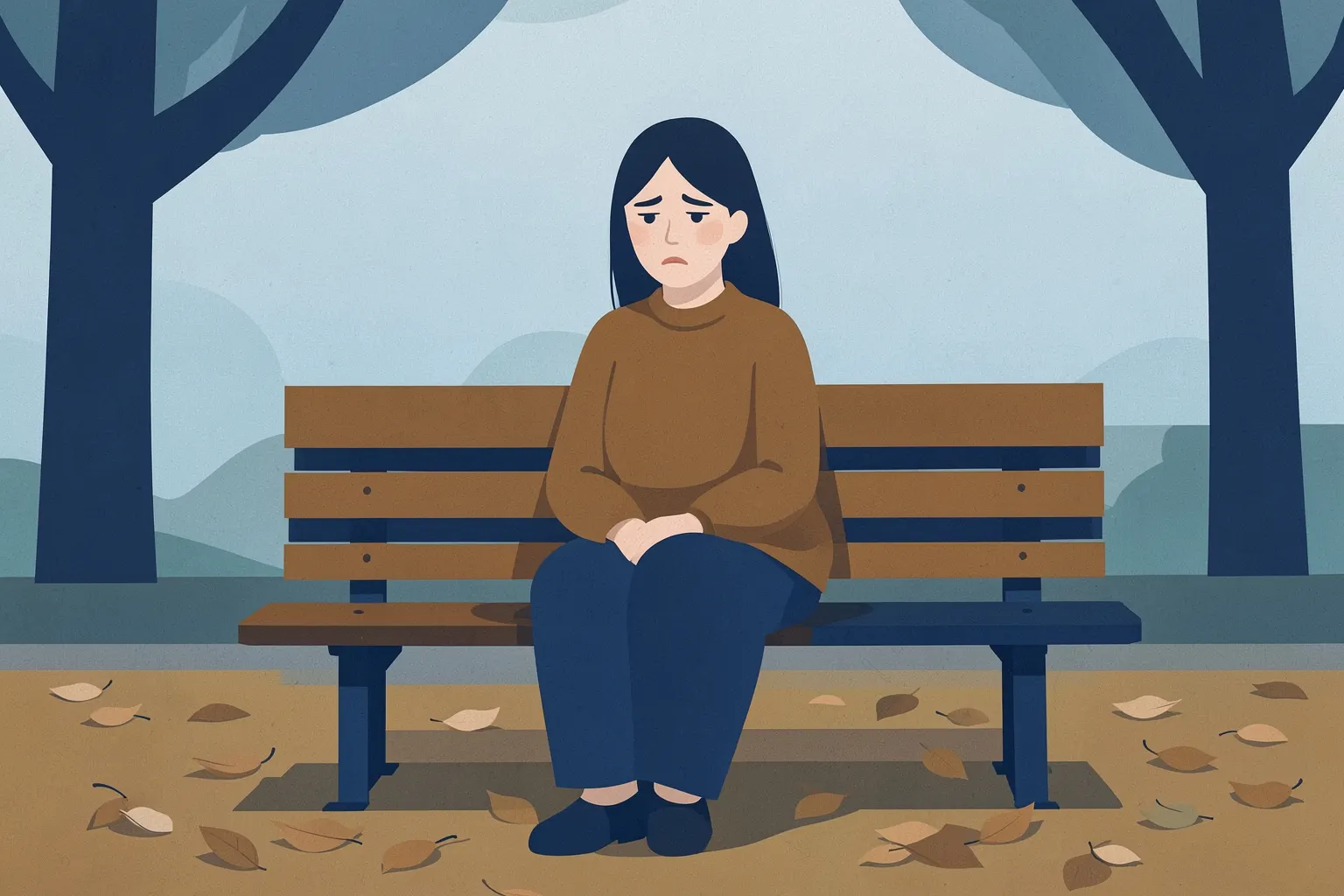 Mulher com olhar triste sentada em um banco de parque, com folhas secas caídas ao redor.