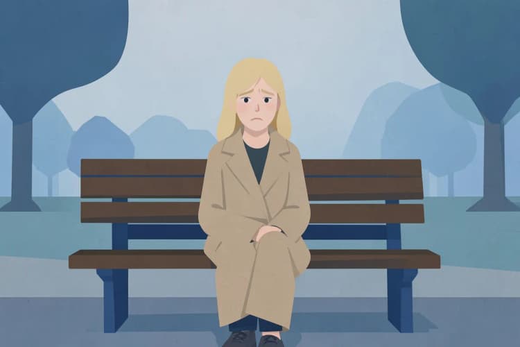 Mulher sentada em um banco de parque, com olhar vago e triste