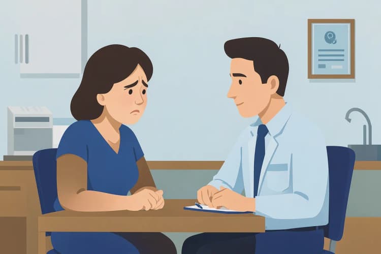 Duas pessoas conversando em um consultório médico, uma delas parece aflita