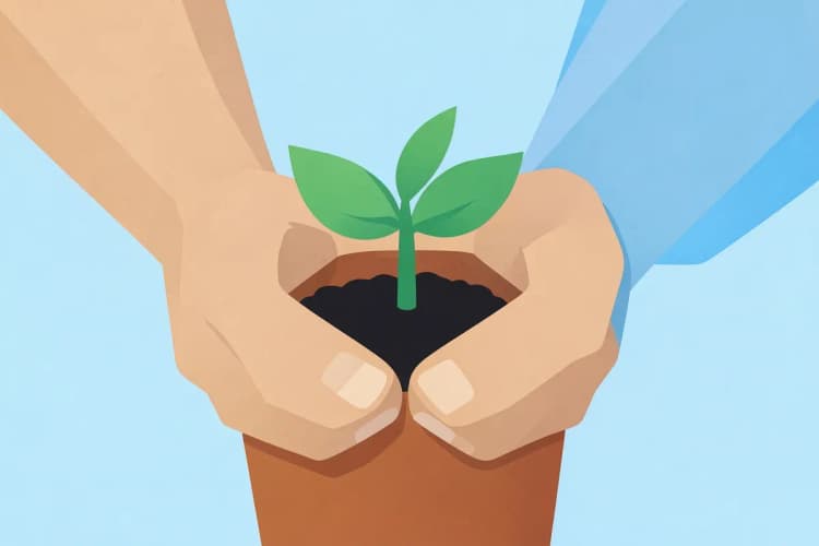 Mãos segurando uma planta crescendo em um vaso