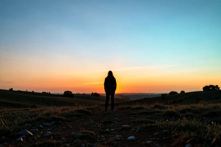 Uma pessoa olhando para um horizonte distante com o sol se pondo.