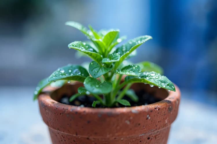 Uma planta crescendo em um vaso, com gotas de orvalho nas folhas.