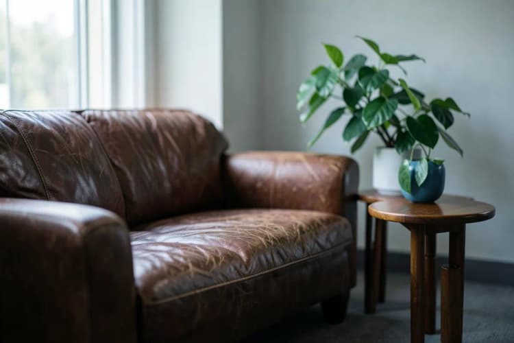 Um divã de couro marrom em um consultório com uma pequena mesa lateral e uma planta, luz suave entrando pela janela.