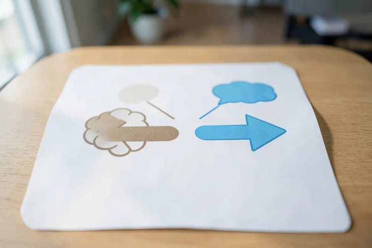 Um diagrama simples mostrando duas setas apontando para caminhos diferentes, uma com um símbolo de cérebro e outra com um símbolo de balão de fala.