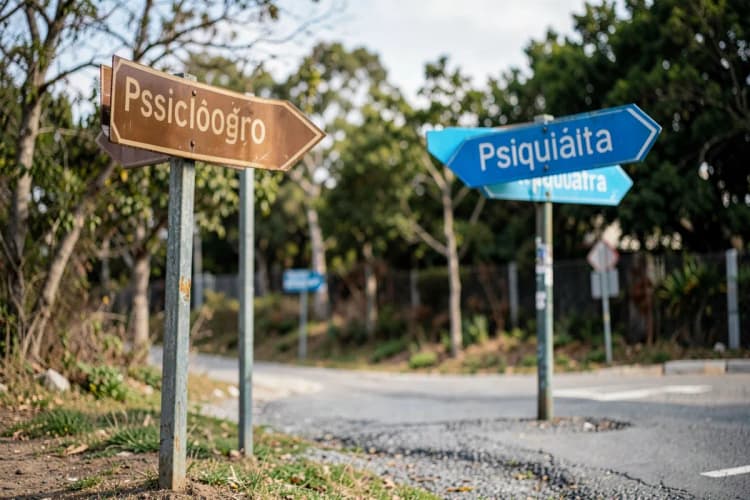 Uma encruzilhada com placas indicando "Psicólogo" e "Psiquiatra", em um ambiente natural.