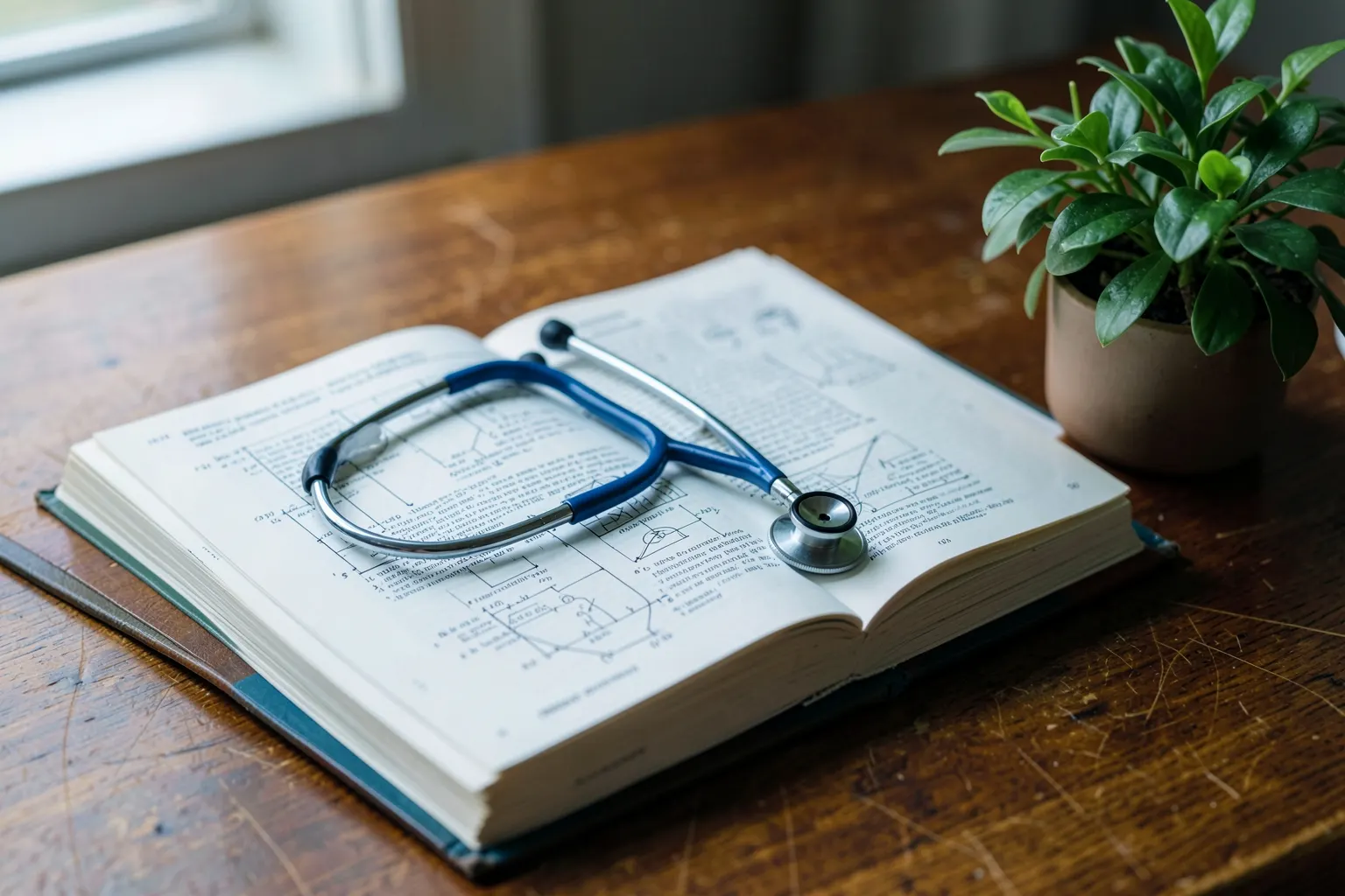Um estetoscópio repousando sobre um livro aberto de medicina ao lado de um pequeno vaso de plantas em uma mesa de madeira, com luz suave vindo da janela.