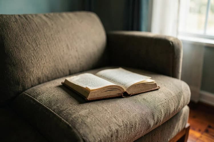 Um divã de psicólogo com um livro aberto sobre ele, em um ambiente de consultório.