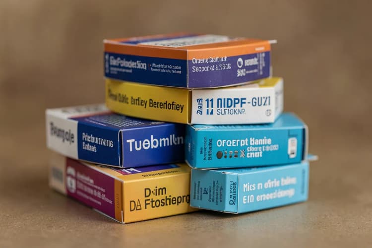 Uma variedade de caixas de medicamentos psiquiátricos empilhadas, representando diferentes classes de tratamentos.