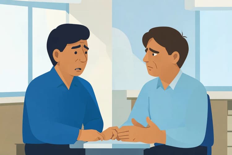 Duas pessoas conversando em um consultório médico, uma delas expressando desconforto.