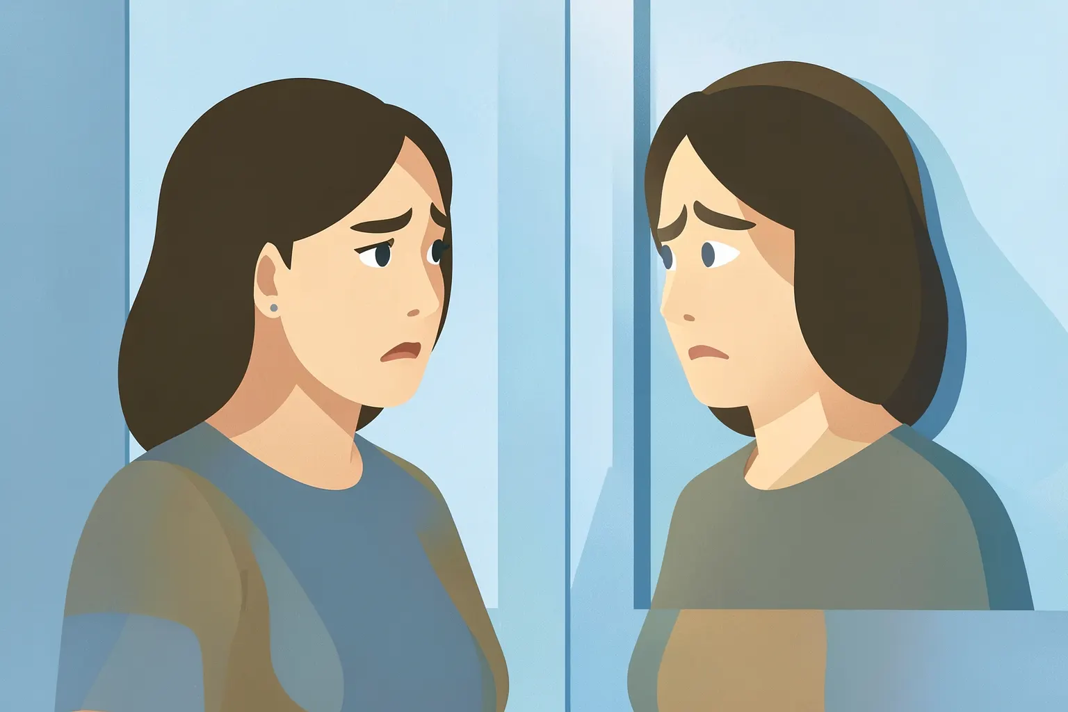 Mulher com expressão de preocupação olhando para o espelho, em um quarto com luz suave.