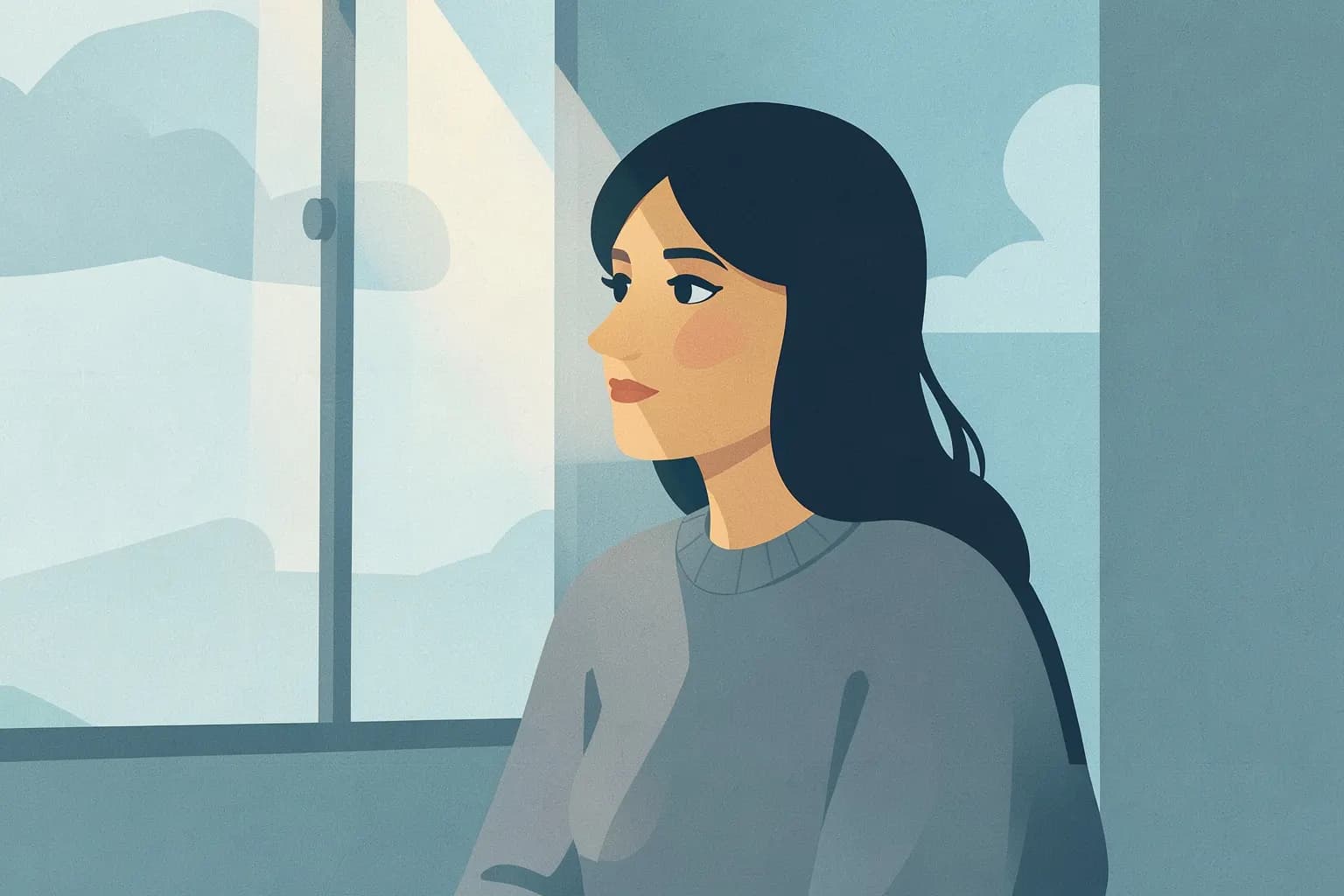 Mulher pensativa olhando pela janela em um dia nublado