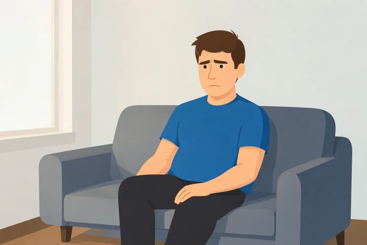 Homem com expressão de tristeza olhando para o nada, sentado em uma sala de estar.
