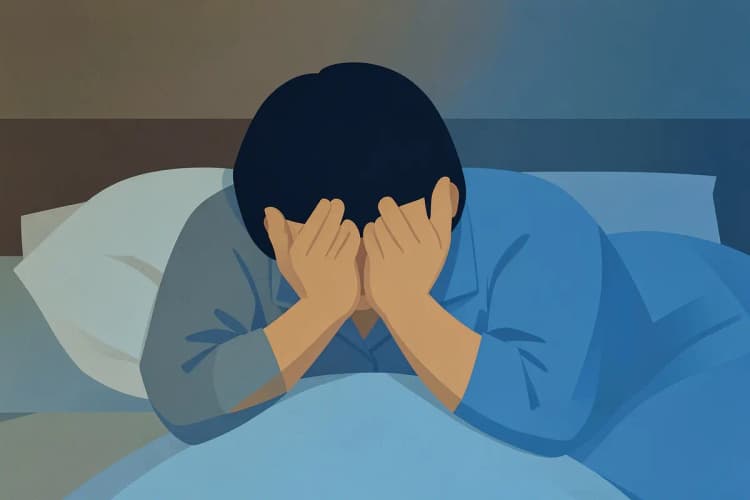pessoa deitada na cama com as mãos no rosto