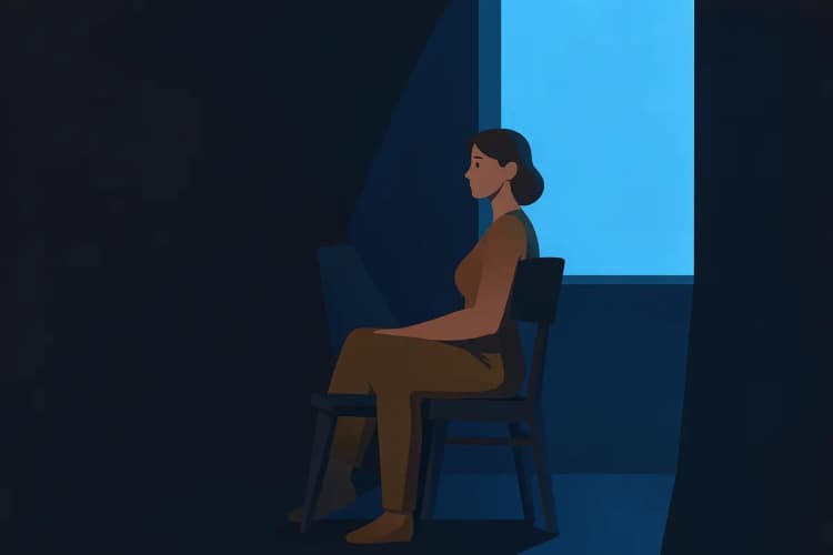 mulher sentada sozinha em uma sala escura