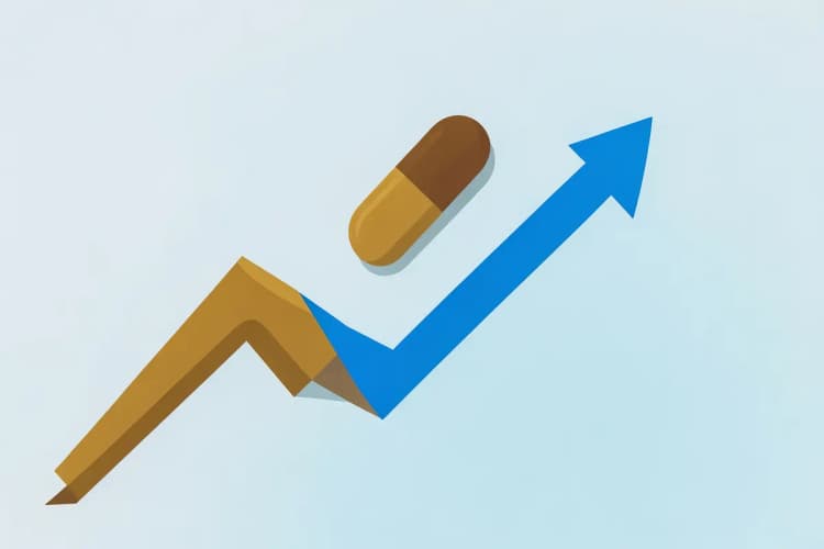 Gráfico de linha mostrando altos e baixos, com uma pílula no pico