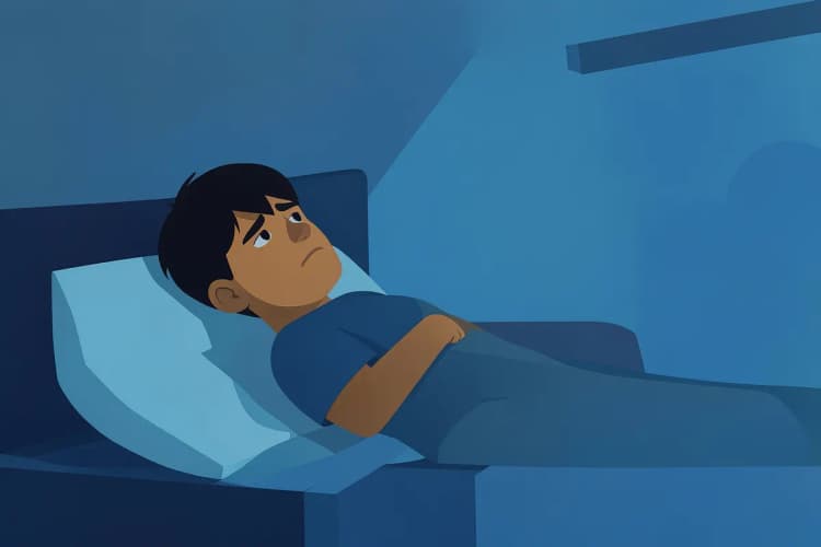Pessoa deitada na cama, olhando para o teto com expressão de desânimo.