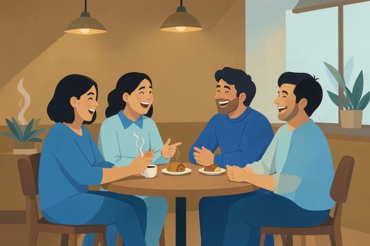 Grupo de amigos conversando e rindo em um café, ambiente acolhedor