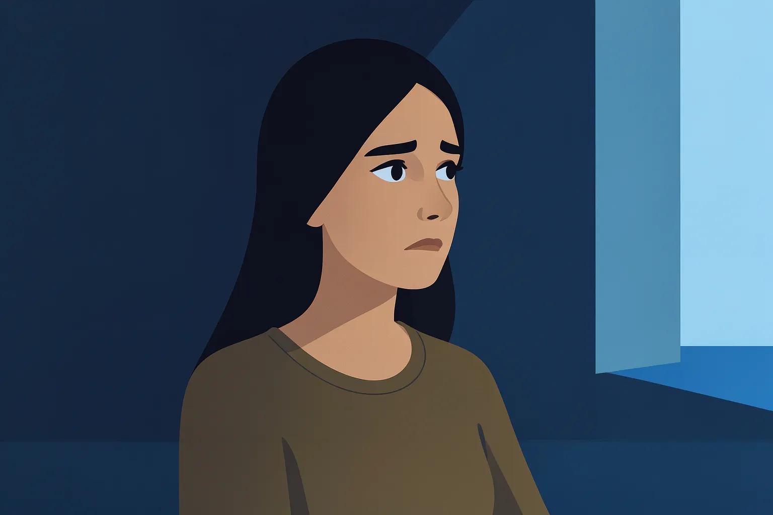 Mulher com expressão triste olhando para o nada, em um quarto escuro