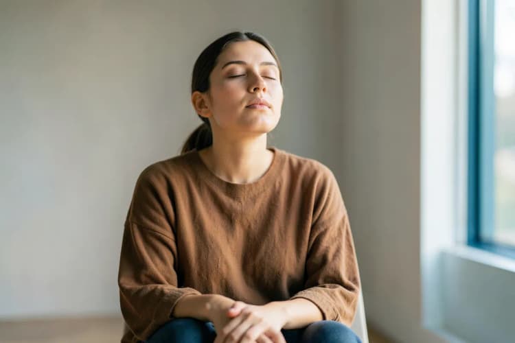 Pessoa respirando fundo com os olhos fechados em um ambiente calmo