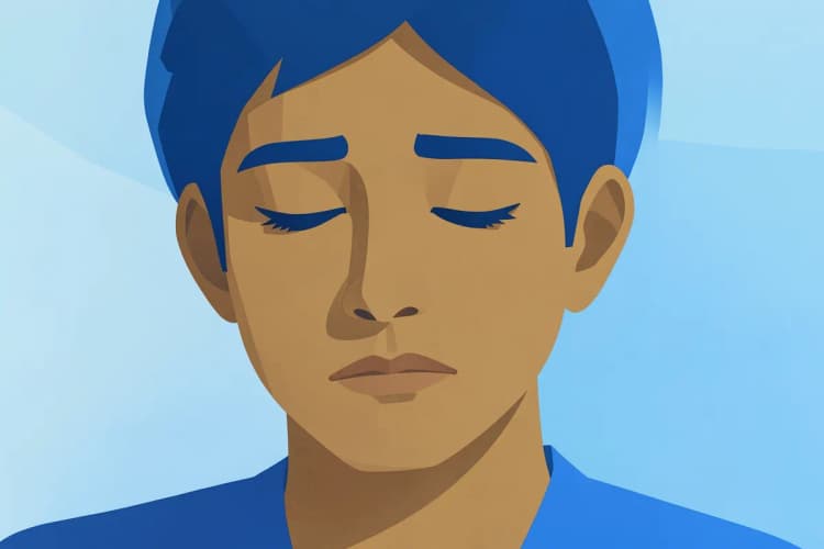 Close-up de uma pessoa com os olhos fechados e expressão de tristeza