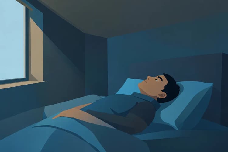 Pessoa deitada na cama, olhando para o teto com ar de desânimo