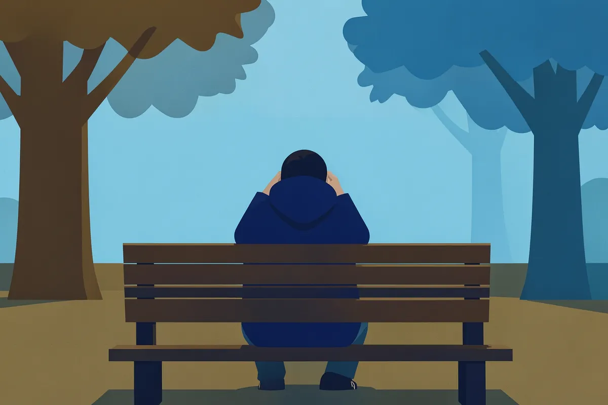 Pessoa sentada em um banco de parque, com a cabeça entre as mãos, em um ambiente sombrio e isolado.