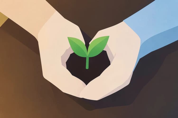 Mãos segurando delicadamente um pequeno broto de planta crescendo em solo fértil, simbolizando esperança e recuperação.