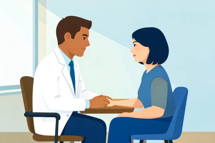 Um médico conversando com um paciente em um consultório, ambos com expressões sérias e atentas.