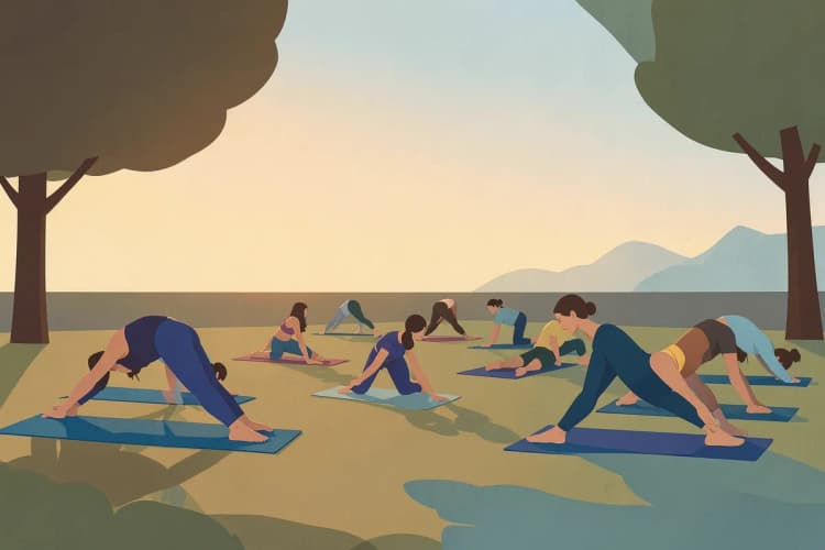 Pessoas praticando yoga em um parque ao nascer do sol, em um ambiente calmo e sereno.