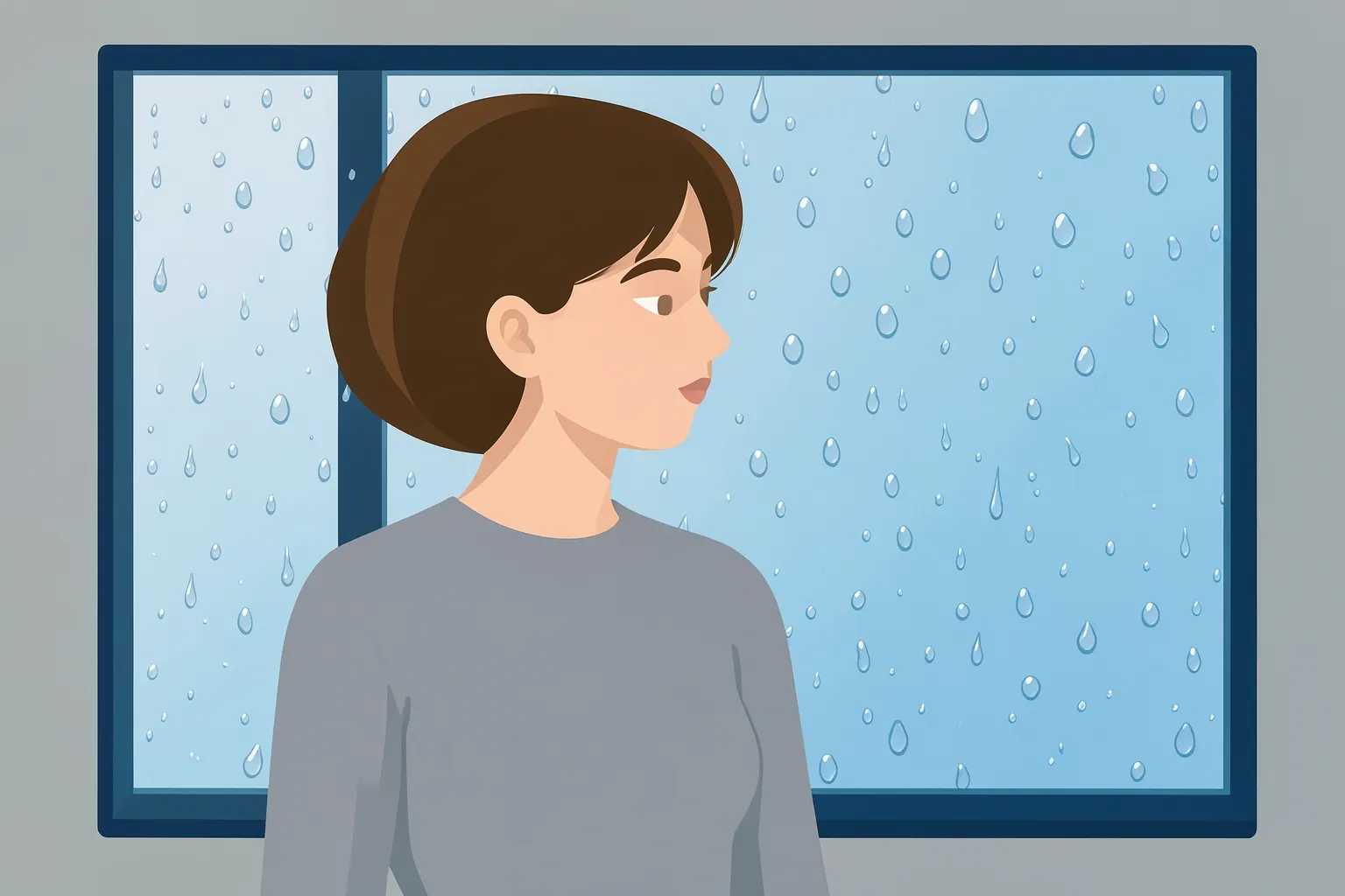 Mulher pensativa olhando pela janela em um dia nublado, com um leve sorriso melancólico.