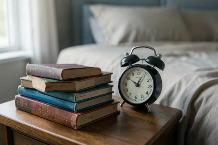 Uma pilha de livros e um despertador sobre uma mesa de cabeceira ao lado de uma cama vazia.