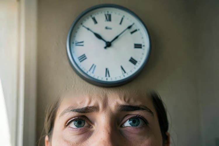 Uma pessoa olhando para o relógio na parede, com expressão de preocupação.