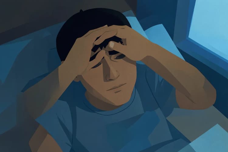 Homem com expressão de dor e cansaço, deitado em uma cama com as mãos na testa.