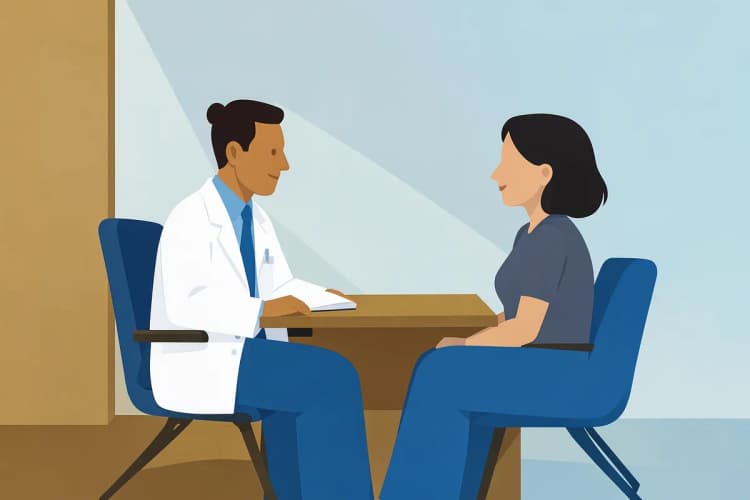 Duas pessoas conversando em um consultório médico, uma delas é um homem mais velho com jaleco branco (psiquiatra) e a outra é uma mulher sentada em frente a ele.