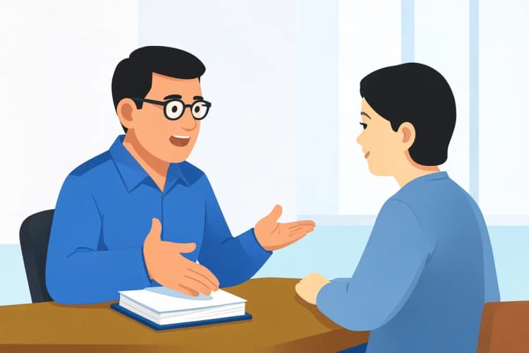 Um médico (psiquiatra) explicando algo em um bloco de notas para um paciente em um consultório.