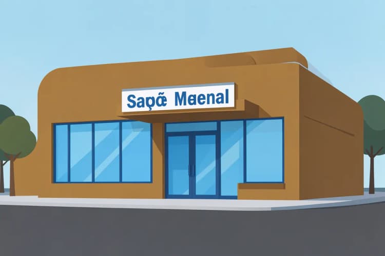 Fachada de um centro de saúde comunitário com uma placa indicando "Saúde Mental".
