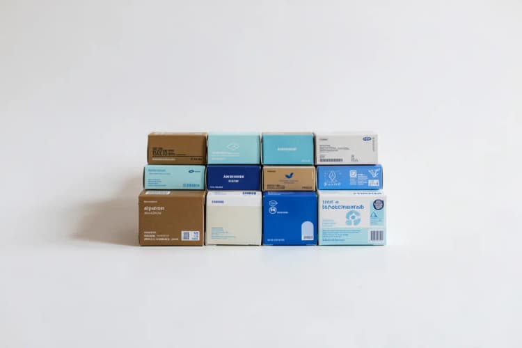 Uma variedade de caixas de antidepressivos com diferentes nomes de marcas.