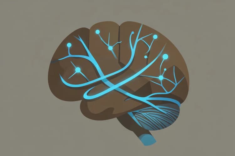 Uma representação visual do cérebro humano com neurônios e sinapses destacadas, mostrando a ação dos antidepressivos tricíclicos.