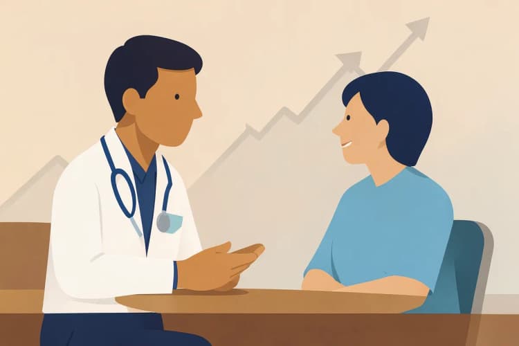 Um médico conversando com um paciente, com um gráfico de melhora ao fundo, indicando a indicação dos antidepressivos tricíclicos.