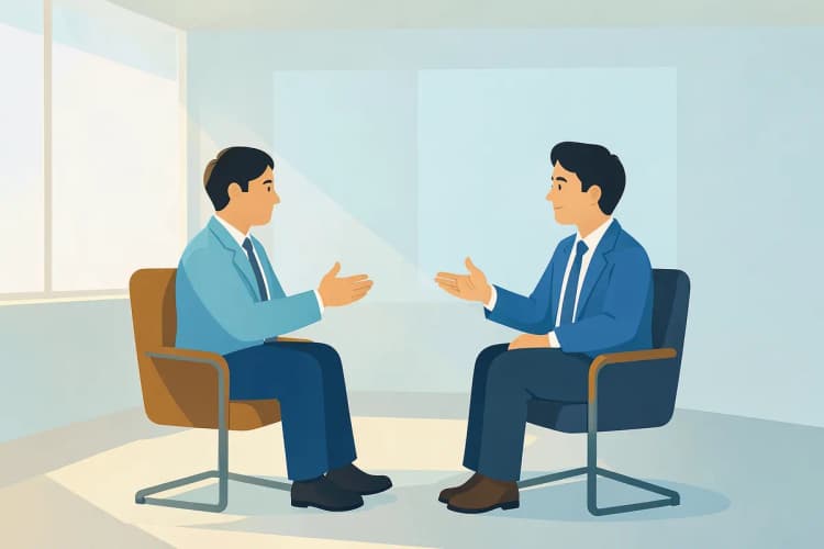 Duas pessoas conversando em um consultório médico