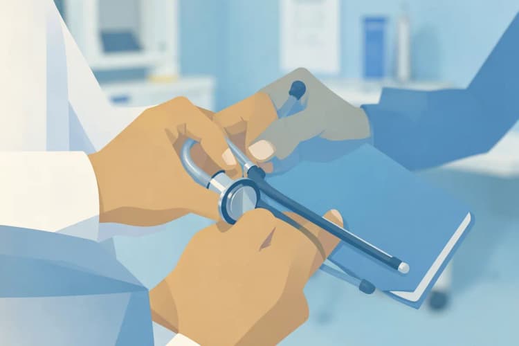 Mãos de um médico segurando um estetoscópio e um bloco de notas