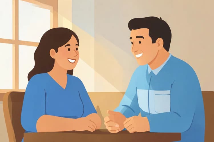 Paciente sorrindo enquanto conversa com um terapeuta em um ambiente acolhedor