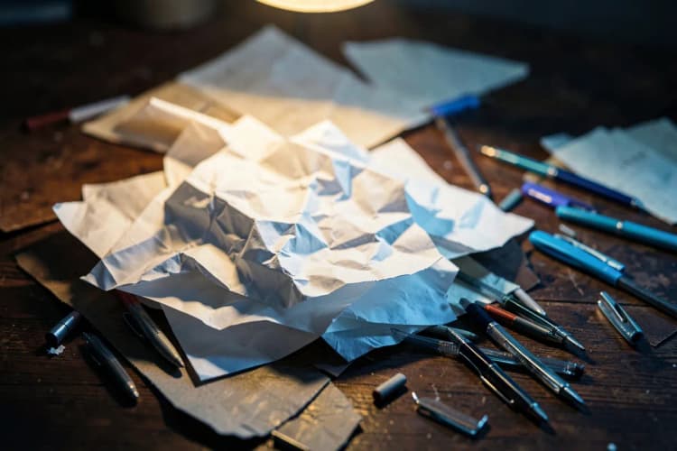 Uma pilha de papéis amassados e canetas espalhadas sobre uma mesa de madeira escura, sugerindo desorganização.