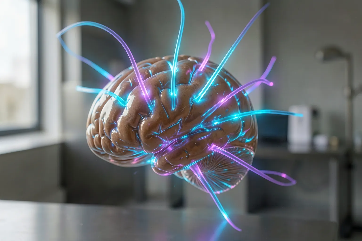 Um cérebro estilizado com conexões brilhantes representando a atividade neural em tons de azul e roxo.